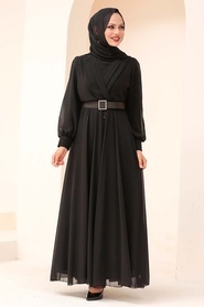 Tesettürlü Abiye Elbise - Tokalı Kemerli Siyah Tesettür Abiye Elbise 3060S - Thumbnail