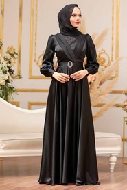 Tesettürlü Abiye Elbise - Tokalı Kemerli Siyah Tesettür Abiye Elbise 31290S - Thumbnail