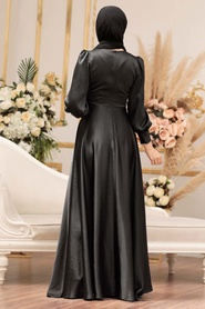 Tesettürlü Abiye Elbise - Tokalı Kemerli Siyah Tesettür Abiye Elbise 31290S - Thumbnail