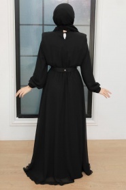 Tesettürlü Abiye Elbise - Tokalı Kemerli Siyah Tesettür Abiye Elbise 36050S - Thumbnail