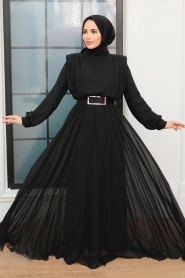 Tesettürlü Abiye Elbise - Tokalı Kemerli Siyah Tesettür Abiye Elbise 36050S - Thumbnail