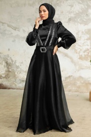 Tesettürlü Abiye Elbise - Tokalı Kemerli Siyah Tesettür Abiye Elbise 36831S - Thumbnail