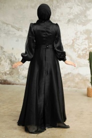 Tesettürlü Abiye Elbise - Tokalı Kemerli Siyah Tesettür Abiye Elbise 36831S - Thumbnail
