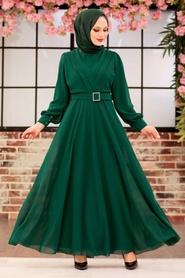 Tesettürlü Abiye Elbise - Tokalı Kemerli Yeşil Tesettür Abiye Elbise 3060Y - Thumbnail
