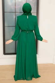 Tesettürlü Abiye Elbise - Tokalı Kemerli Yeşil Tesettür Abiye Elbise 36050Y - Thumbnail