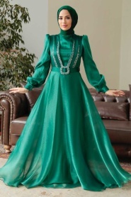 Tesettürlü Abiye Elbise - Tokalı Kemerli Yeşil Tesettür Abiye Elbise 36831Y - Thumbnail