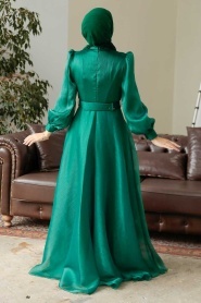 Tesettürlü Abiye Elbise - Tokalı Kemerli Yeşil Tesettür Abiye Elbise 36831Y - Thumbnail
