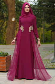 Tesettürlü Abiye Elbise - Tül Detaylı Fuşya Tesettür Abiye Elbise 2286F - Thumbnail
