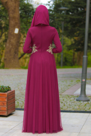 Tesettürlü Abiye Elbise - Tül Detaylı Fuşya Tesettür Abiye Elbise 2286F - Thumbnail