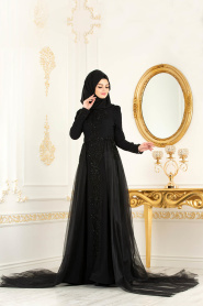 Tesettürlü Abiye Elbise - Tül Detaylı Siyah Tesettür Abiye Elbise 70391S - Thumbnail