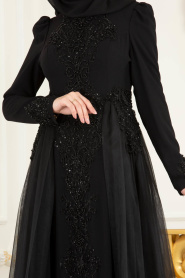 Tesettürlü Abiye Elbise - Tül Detaylı Siyah Tesettür Abiye Elbise 70391S - Thumbnail