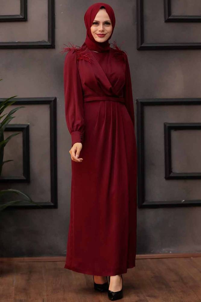 Tesettürlü Abiye Elbise - Tüy Detaylı Bordo Tesettür Abiye Elbise 4199BR - 2