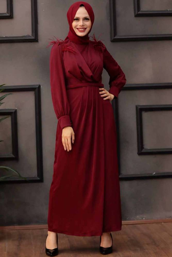 Tesettürlü Abiye Elbise - Tüy Detaylı Bordo Tesettür Abiye Elbise 4199BR - 1