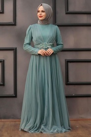 Tesettürlü Abiye Elbise - Tüy Detaylı Çağla Yeşili Tesettür Abiye Elbise 23341CY - Thumbnail