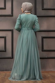 Tesettürlü Abiye Elbise - Tüy Detaylı Çağla Yeşili Tesettür Abiye Elbise 23341CY - Thumbnail