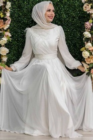 Tesettürlü Abiye Elbise - Tüy Detaylı Ekru Tesettür Abiye Elbise 43170E - Thumbnail