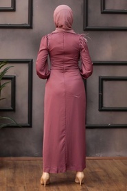 Tesettürlü Abiye Elbise - Tüy Detaylı Gül Kurusu Tesettür Abiye Elbise 4199GK - Thumbnail