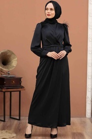 Tesettürlü Abiye Elbise - Tüy Detaylı Siyah Tesettür Abiye Elbise 4199S - Thumbnail