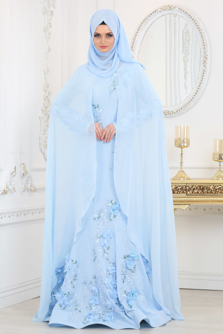 Tesettürlü Abiye Elbise - Üç Boyut Çiçekli Bebek Mavisi Tesettür Abiye Elbise 110BM