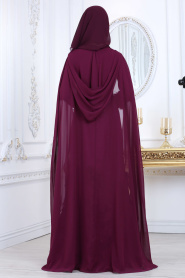 Tesettürlü Abiye Elbise - Üç Boyut Çiçekli Mürdüm Tesettür Abiye Elbise 110MU - Thumbnail