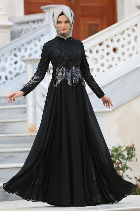 Tesettürlü Abiye Elbise - Üç Boyut Çiçekli Payetli Siyah Abiye Elbise 3836S
