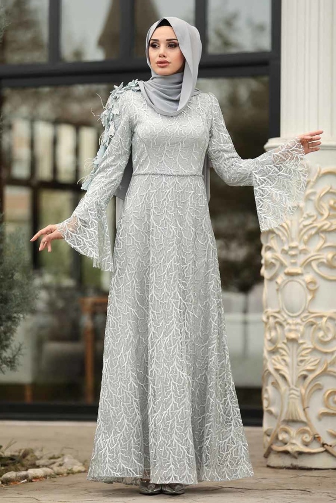 Tesettürlü Abiye Elbise - Üç Boyutlu Çiçekli Gri Tesettür Abiye Elbise 3938GR - 1