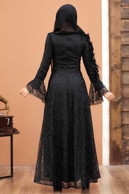Tesettürlü Abiye Elbise - Üç Boyutlu Çiçekli Siyah Tesettür Abiye Elbise 3938S - Thumbnail