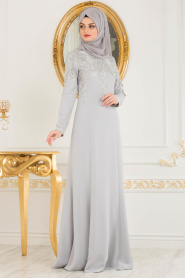 Tesettürlü Abiye Elbise - Üstü Dantel Detaylı Gri Tesettür Abiye Elbise 20130GR - Thumbnail