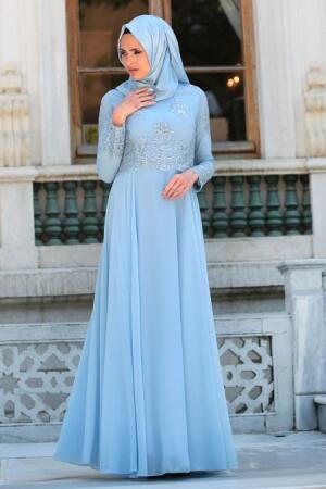 Tesettürlü Abiye Elbise - Üzeri Boncuk Dantelli Bebe Mavsi Tesettür Abiye Elbise 7688BM - 1