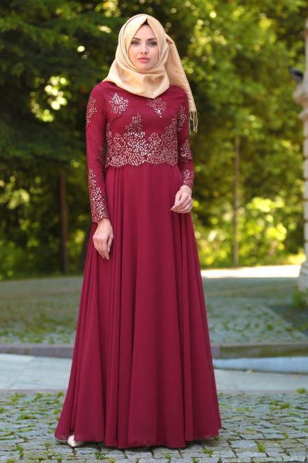 Tesettürlü Abiye Elbise - Üzeri Boncuk Dantelli Bordo Tesettür Abiye Elbise 7688BR - 1