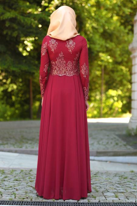 Tesettürlü Abiye Elbise - Üzeri Boncuk Dantelli Bordo Tesettür Abiye Elbise 7688BR - 3