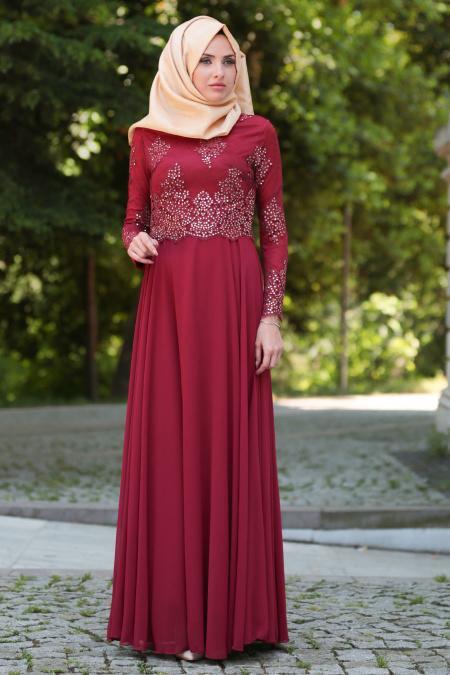 Tesettürlü Abiye Elbise - Üzeri Boncuk Dantelli Bordo Tesettür Abiye Elbise 7688BR - 2