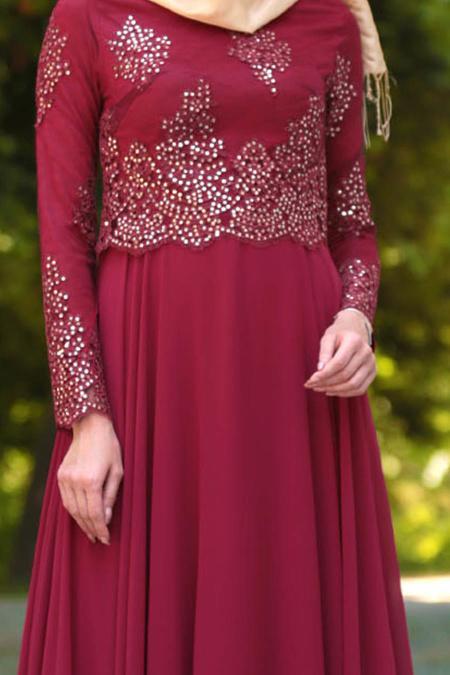 Tesettürlü Abiye Elbise - Üzeri Boncuk Dantelli Bordo Tesettür Abiye Elbise 7688BR - 4