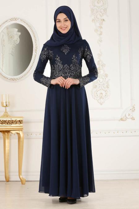 Tesettürlü Abiye Elbise - Üzeri Boncuk Dantelli Lacivert Tesettür Abiye Elbise 7688L - 2