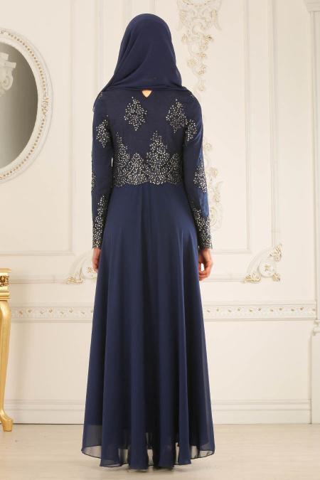 Tesettürlü Abiye Elbise - Üzeri Boncuk Dantelli Lacivert Tesettür Abiye Elbise 7688L - 3