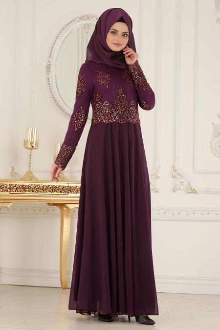 Tesettürlü Abiye Elbise - Üzeri Boncuk Dantelli Mor Tesettür Abiye Elbise 7688MOR - 2