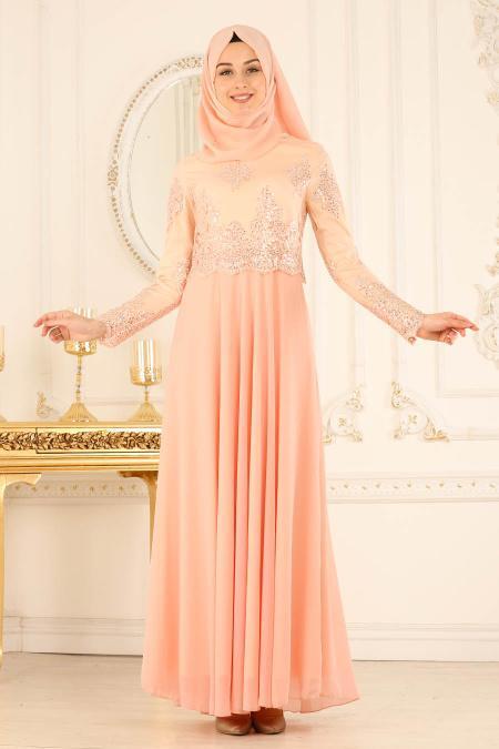 Tesettürlü Abiye Elbise - Üzeri Boncuk Dantelli Somon Tesettür Abiye Elbise 7688SMN - 2