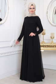 Tesettürlü Abiye Elbise - Üzeri Boncuk Detaylı Siyah Tesettür Abiye Elbise 80040S - Thumbnail