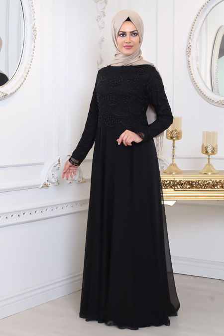 Tesettürlü Abiye Elbise - Üzeri Boncuk Detaylı Siyah Tesettür Abiye Elbise 80040S