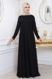 Tesettürlü Abiye Elbise - Üzeri Boncuk Detaylı Siyah Tesettür Abiye Elbise 80040S - Thumbnail