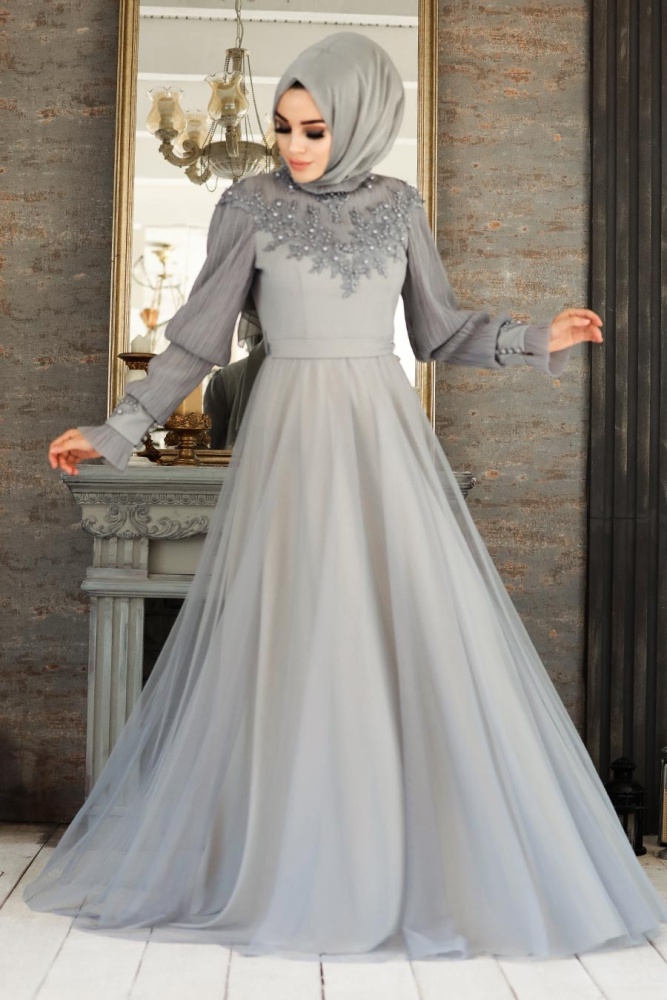Tesettürlü Abiye Elbise - Üzeri Boncuk İşlemeli Gri Tesettür Abiye Elbise 21780GR - 2