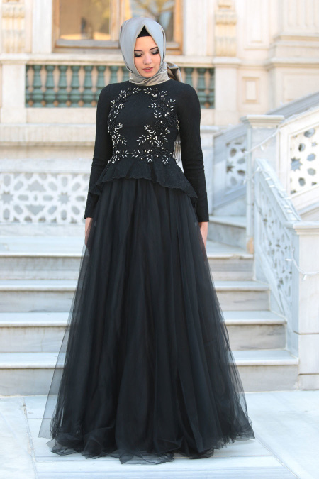 Tesettürlü Abiye Elbise - Üzeri Boncuk İşlemeli Siyah Abiye Elbise