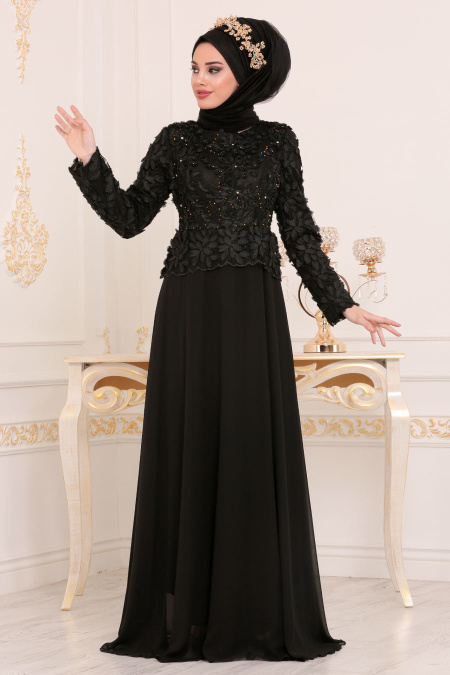 Tesettürlü Abiye Elbise - Üzeri Boncuk İşlemeli Siyah Tesettürlü Abiye Elbise 2614S