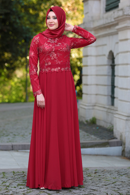 Tesettürlü Abiye Elbise - Üzeri Çiçek Dantelli Kırmızı Tesettür Abiye Elbise 7547K
