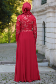 Tesettürlü Abiye Elbise - Üzeri Çiçek Dantelli Kırmızı Tesettür Abiye Elbise 7547K - Thumbnail