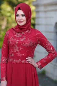 Tesettürlü Abiye Elbise - Üzeri Çiçek Dantelli Kırmızı Tesettür Abiye Elbise 7547K - Thumbnail