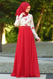Tesettürlü Abiye Elbise - Üzeri Çiçek Dantelli Kırmızı Tesettür Abiye Elbise 7617K - Thumbnail