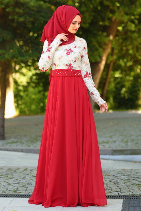 Tesettürlü Abiye Elbise - Üzeri Çiçek Dantelli Kırmızı Tesettür Abiye Elbise 7617K