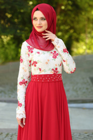 Tesettürlü Abiye Elbise - Üzeri Çiçek Dantelli Kırmızı Tesettür Abiye Elbise 7617K - Thumbnail