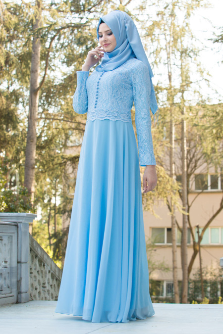 Tesettürlü Abiye Elbise - Üzeri Dantel Detaylı Bebek Mavisi Tesettür Abiye Elbise 2275BM